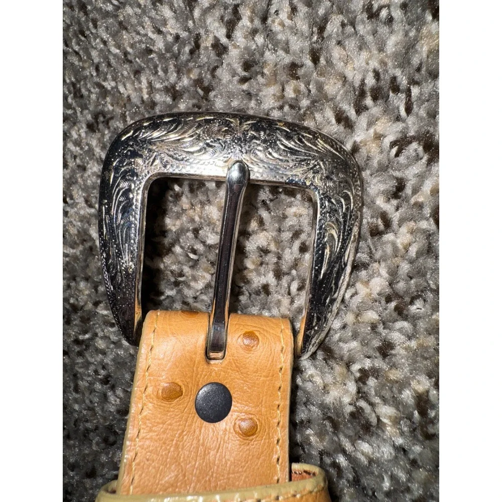 Tony Lama Mens 42 Tan Ostrich Print Leather Western Belt Silver Engraved Buckle